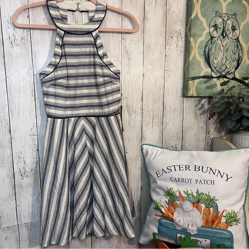 Jane Kristepher NWT‎ Indigo Striped Halter Dress Chevron Skirt Size 3